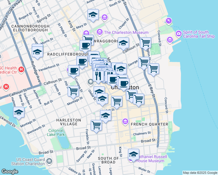 map of restaurants, bars, coffee shops, grocery stores, and more near 296 King Street in Charleston