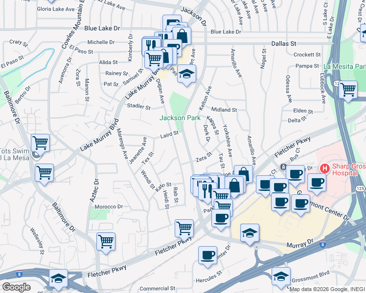 map of restaurants, bars, coffee shops, grocery stores, and more near 5795 Jackson Drive in La Mesa