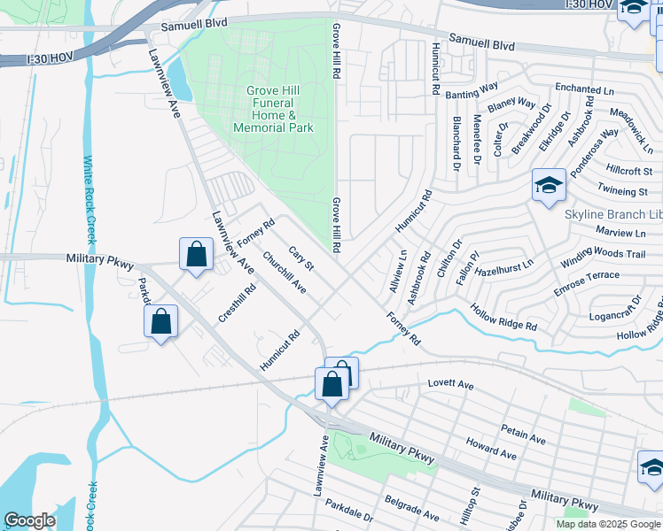 map of restaurants, bars, coffee shops, grocery stores, and more near 2900 Grove Hill Road in Dallas