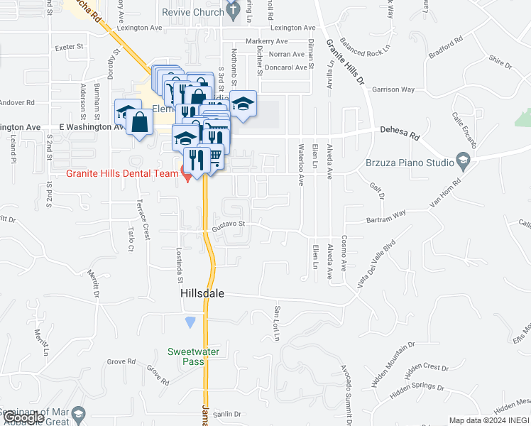 map of restaurants, bars, coffee shops, grocery stores, and more near 1559 Elizabeth Way in El Cajon