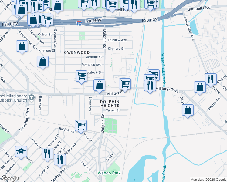 map of restaurants, bars, coffee shops, grocery stores, and more near 3423 Forney Road in Dallas