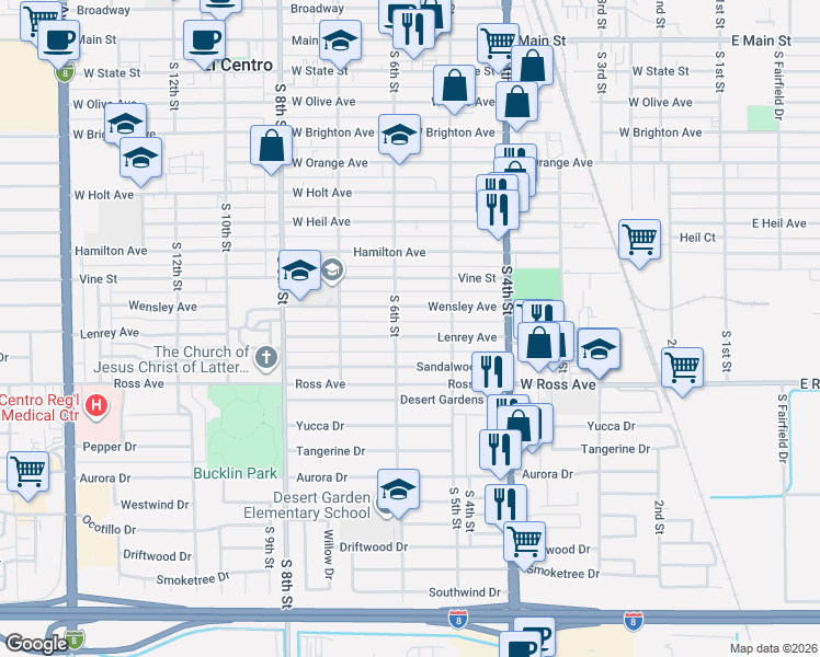 map of restaurants, bars, coffee shops, grocery stores, and more near 601 Wensley Avenue in El Centro