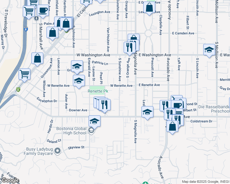 map of restaurants, bars, coffee shops, grocery stores, and more near 378 West Renette Avenue in El Cajon