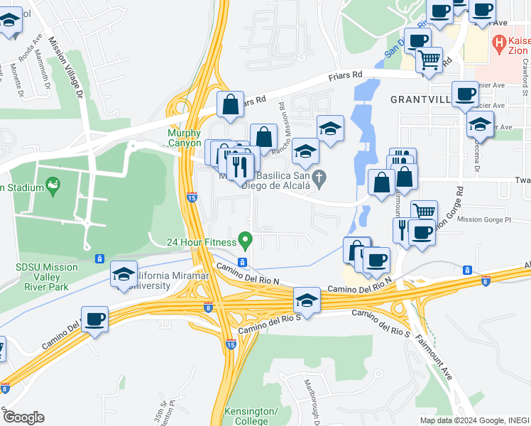 map of restaurants, bars, coffee shops, grocery stores, and more near 6049 Rancho Mission Road in San Diego