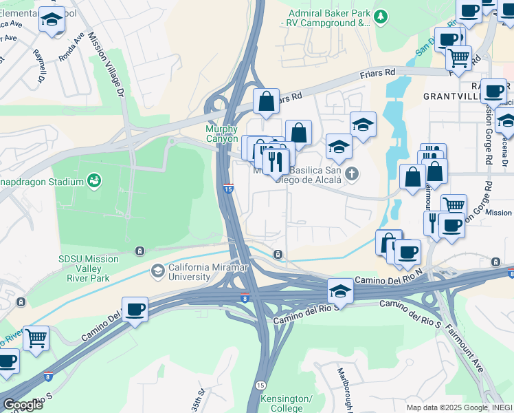 map of restaurants, bars, coffee shops, grocery stores, and more near 6064 Rancho Mission Road in San Diego