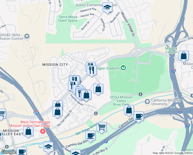 map of restaurants, bars, coffee shops, grocery stores, and more near 2375 Northside Drive in San Diego