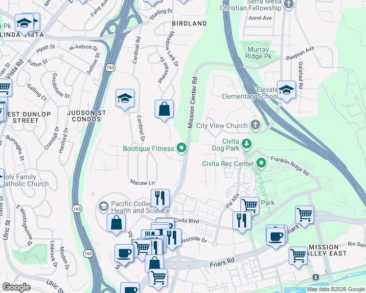 map of restaurants, bars, coffee shops, grocery stores, and more near 5980 Mission Center Road in San Diego