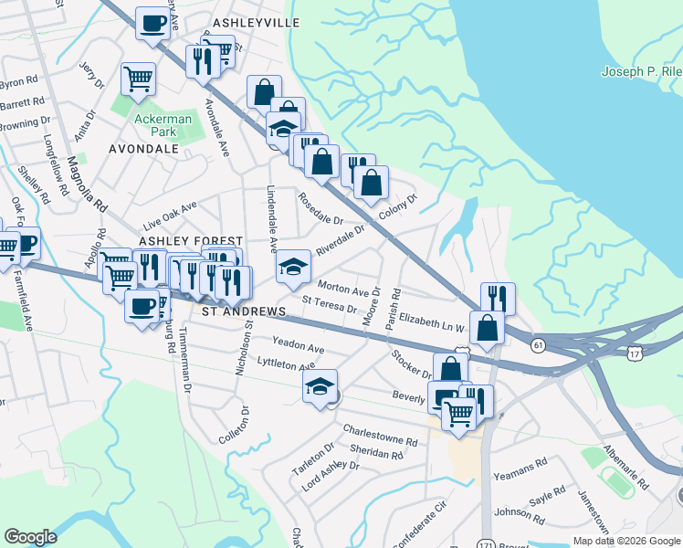 map of restaurants, bars, coffee shops, grocery stores, and more near 30 Moore Drive in Charleston