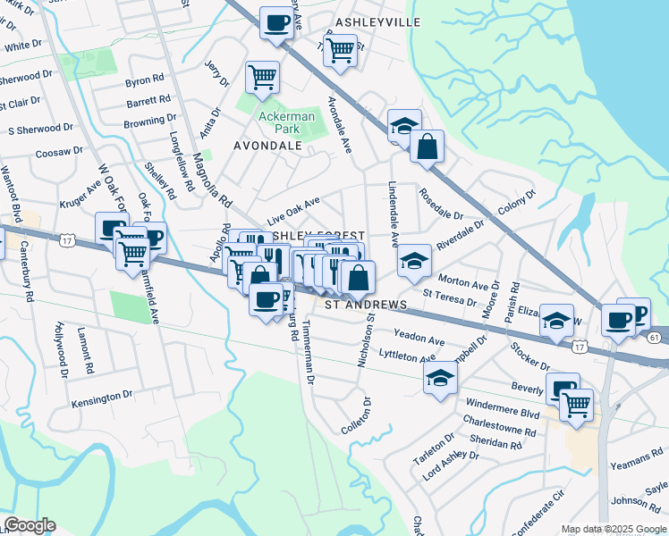map of restaurants, bars, coffee shops, grocery stores, and more near 113 Tall Oak Avenue in Charleston