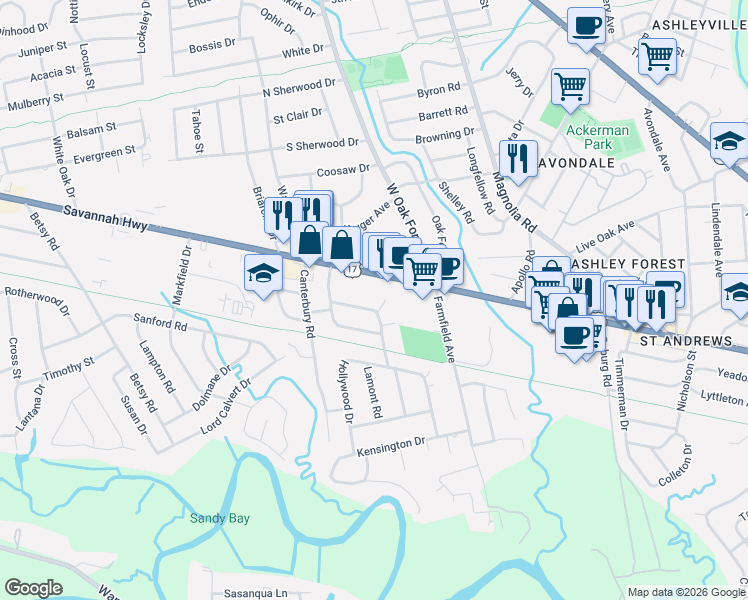 map of restaurants, bars, coffee shops, grocery stores, and more near 1219 Savannah Highway in Charleston