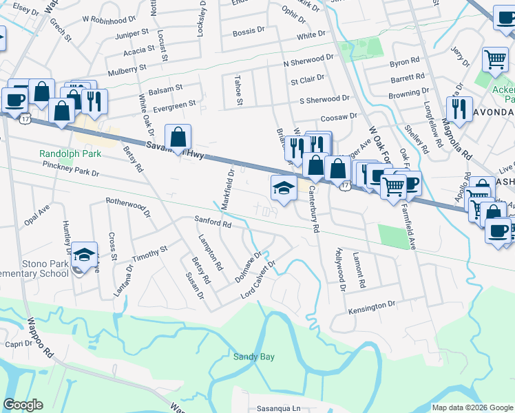 map of restaurants, bars, coffee shops, grocery stores, and more near 19 Leinbach Drive in Charleston