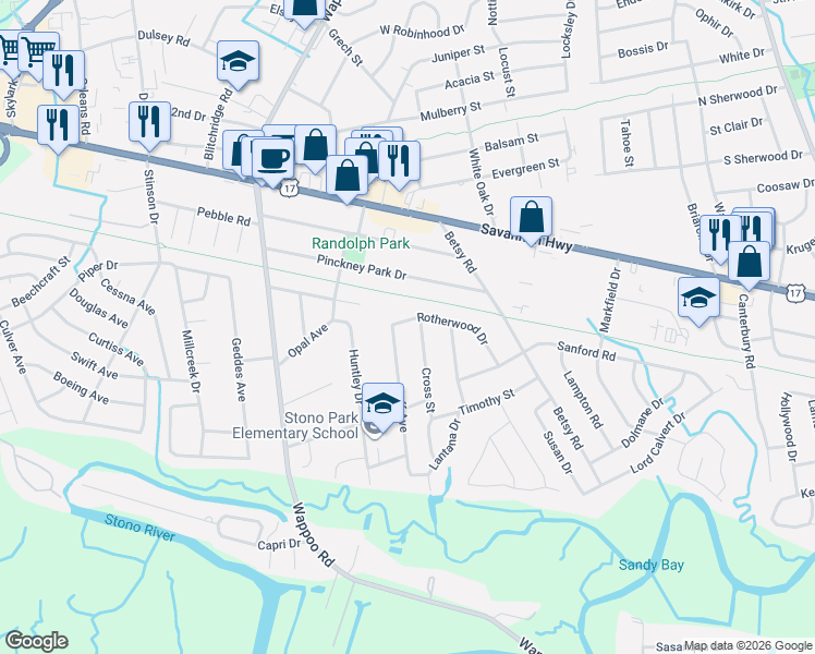 map of restaurants, bars, coffee shops, grocery stores, and more near 430 Rotherwood Drive in Charleston
