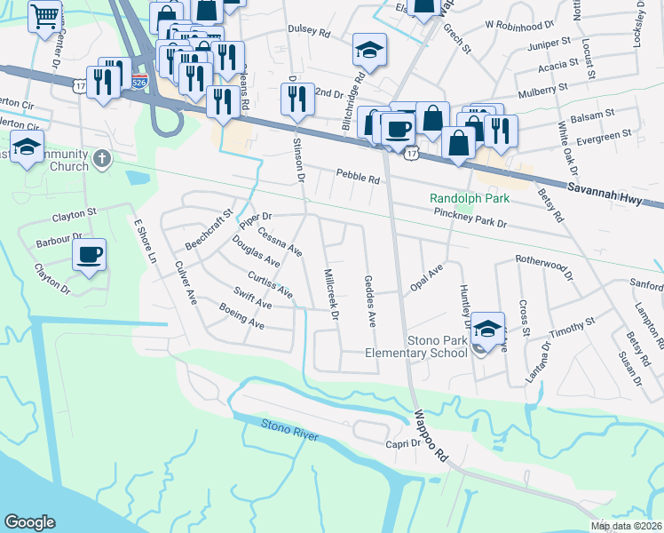 map of restaurants, bars, coffee shops, grocery stores, and more near 432 Millcreek Drive in Charleston