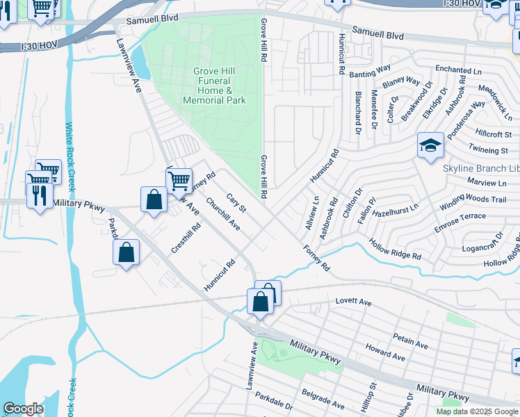 map of restaurants, bars, coffee shops, grocery stores, and more near 2900 Grove Hill Road in Dallas