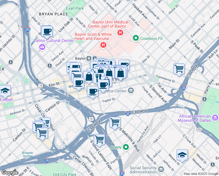 map of restaurants, bars, coffee shops, grocery stores, and more near in Dallas