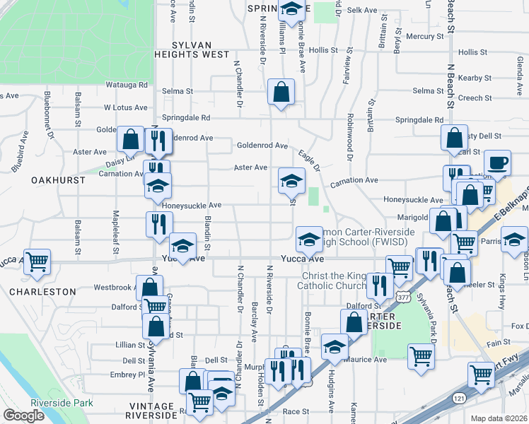 map of restaurants, bars, coffee shops, grocery stores, and more near 1605 North Riverside Drive in Fort Worth