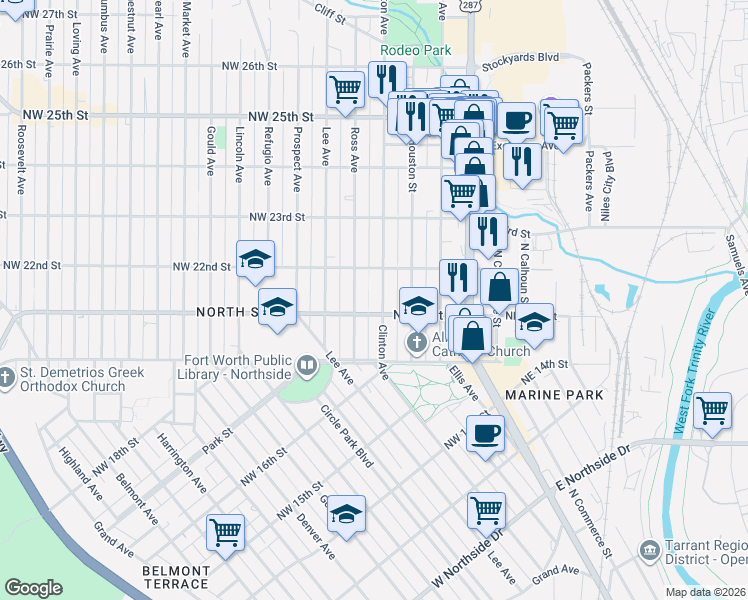 map of restaurants, bars, coffee shops, grocery stores, and more near 2121 Clinton Avenue in Fort Worth