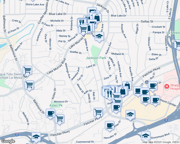 map of restaurants, bars, coffee shops, grocery stores, and more near 8195 Chaz Place in La Mesa