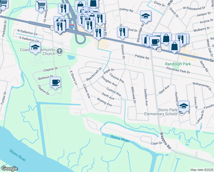 map of restaurants, bars, coffee shops, grocery stores, and more near 352 Douglas Avenue in Charleston