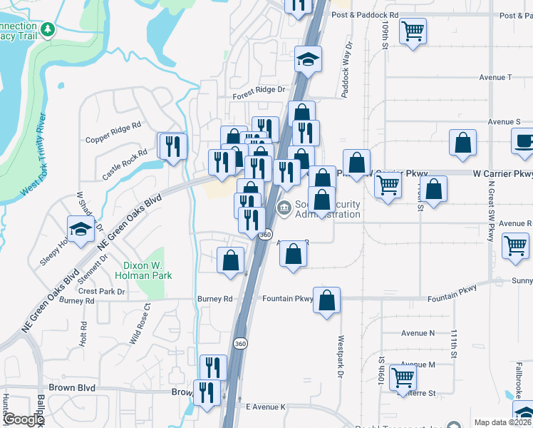 map of restaurants, bars, coffee shops, grocery stores, and more near 2355 Hwy 360 in Grand Prairie