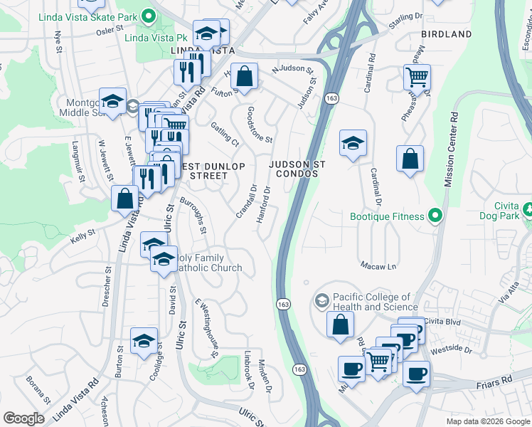 map of restaurants, bars, coffee shops, grocery stores, and more near 7504 Gateshead Street in San Diego