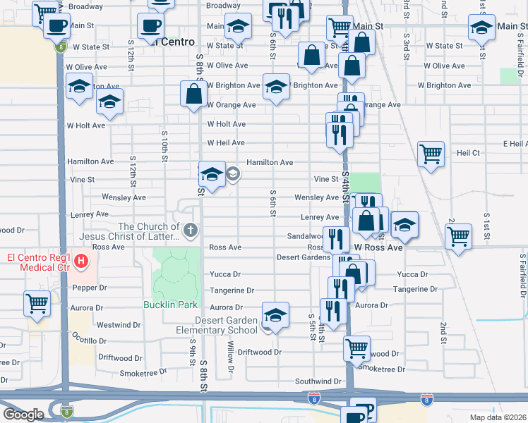 map of restaurants, bars, coffee shops, grocery stores, and more near 601 Wensley Avenue in El Centro