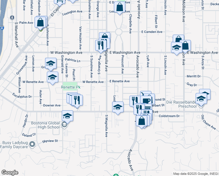 map of restaurants, bars, coffee shops, grocery stores, and more near 900 South Magnolia Avenue in El Cajon