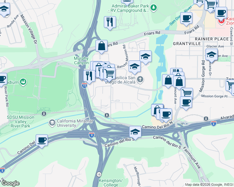 map of restaurants, bars, coffee shops, grocery stores, and more near 6049 Rancho Mission Road in San Diego
