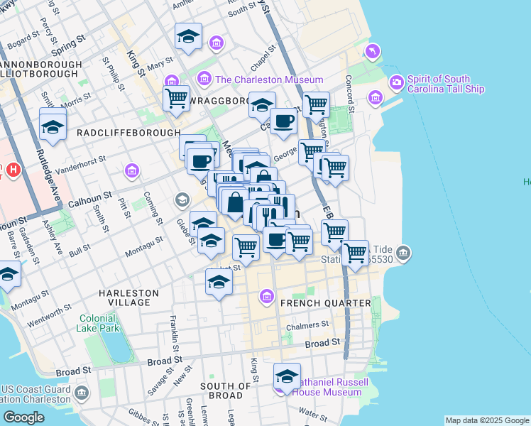 map of restaurants, bars, coffee shops, grocery stores, and more near in Charleston