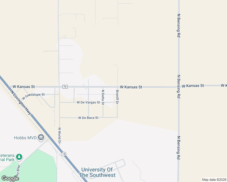 map of restaurants, bars, coffee shops, grocery stores, and more near Braniff Drive in Hobbs