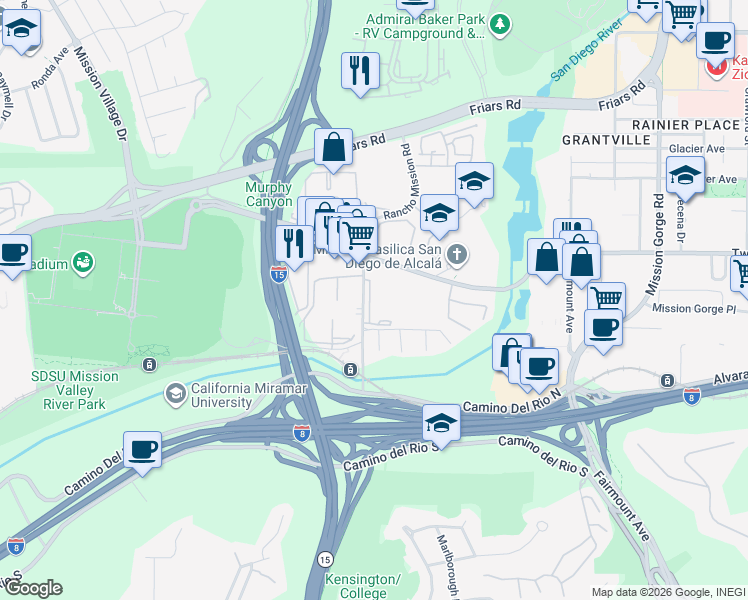map of restaurants, bars, coffee shops, grocery stores, and more near 6019 Rancho Mission Road in San Diego