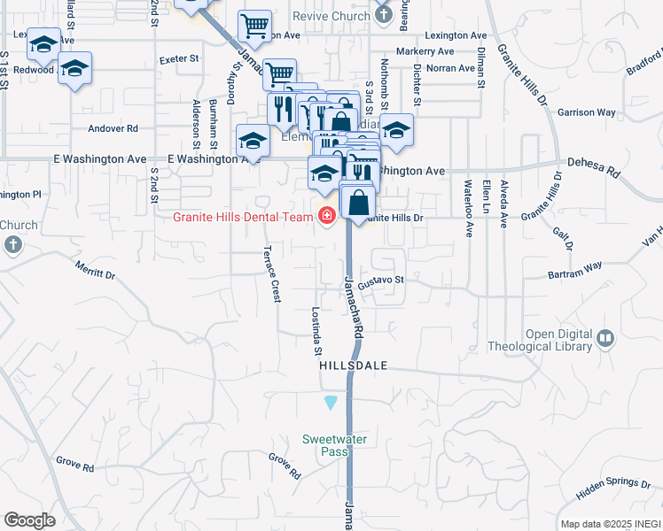 map of restaurants, bars, coffee shops, grocery stores, and more near 1482 Gustavo Street in El Cajon