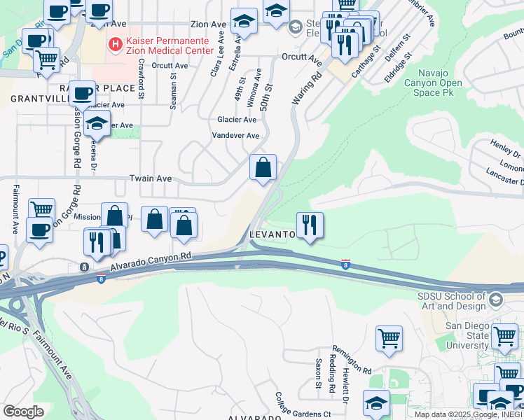 map of restaurants, bars, coffee shops, grocery stores, and more near 4545 Waring Road in San Diego