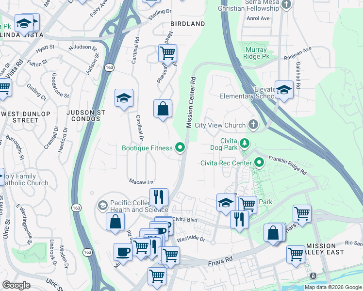 map of restaurants, bars, coffee shops, grocery stores, and more near 5980 Mission Center Road in San Diego