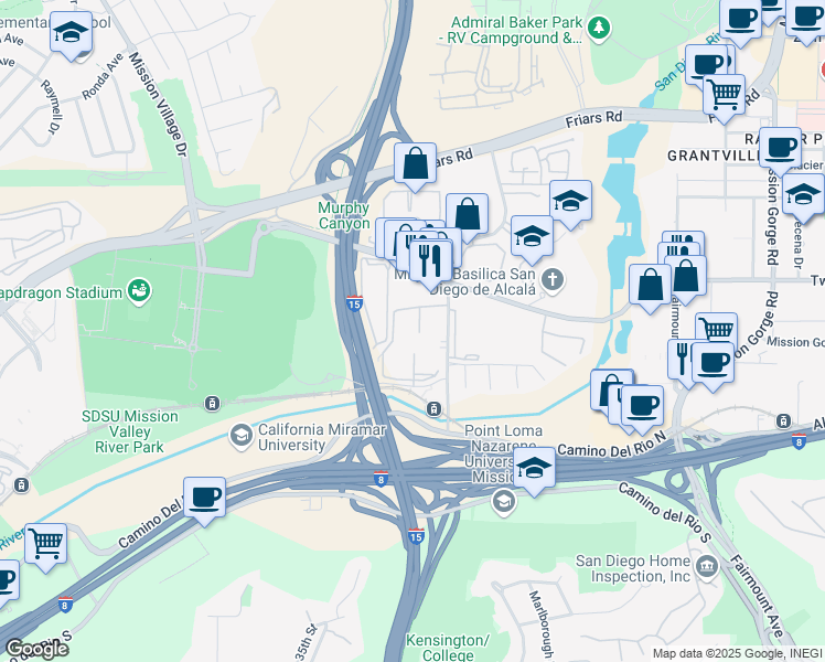 map of restaurants, bars, coffee shops, grocery stores, and more near 6046 Rancho Mission Road in San Diego