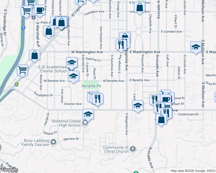 map of restaurants, bars, coffee shops, grocery stores, and more near 908 South Sunshine Avenue in El Cajon