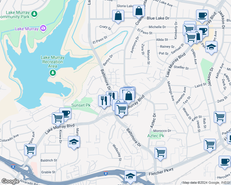 map of restaurants, bars, coffee shops, grocery stores, and more near 5707 Baltimore Drive in La Mesa