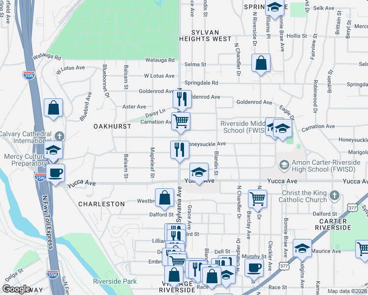 map of restaurants, bars, coffee shops, grocery stores, and more near 1556 North Sylvania Avenue in Fort Worth