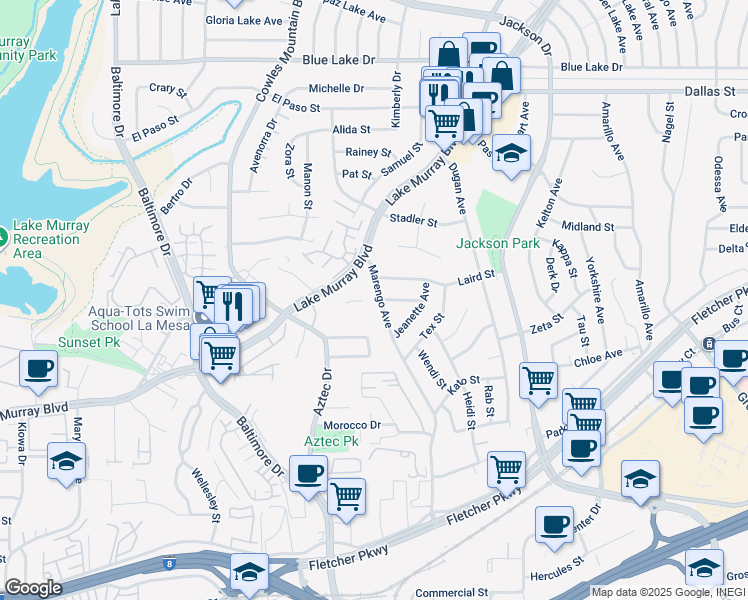 map of restaurants, bars, coffee shops, grocery stores, and more near 5760 Marengo Avenue in La Mesa
