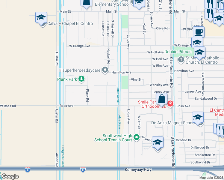 map of restaurants, bars, coffee shops, grocery stores, and more near 2630 Lenrey Avenue in El Centro