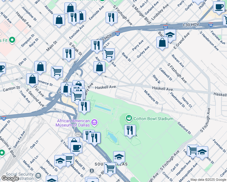 map of restaurants, bars, coffee shops, grocery stores, and more near 1024 South Haskell Avenue in Dallas