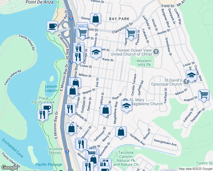 map of restaurants, bars, coffee shops, grocery stores, and more near 2115 Frankfort Street in San Diego