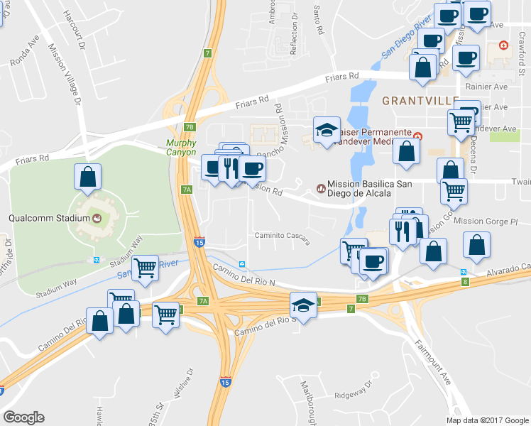 map of restaurants, bars, coffee shops, grocery stores, and more near 6059 Rancho Mission Road in San Diego
