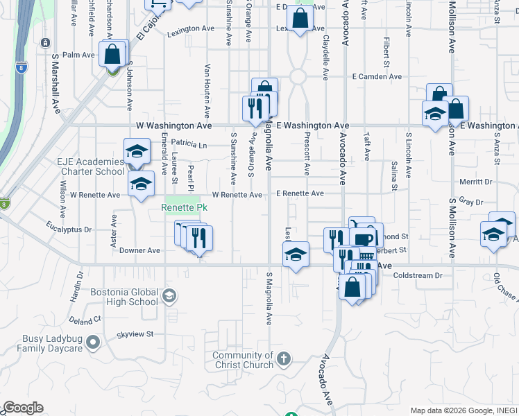 map of restaurants, bars, coffee shops, grocery stores, and more near 910 South Magnolia Avenue in El Cajon
