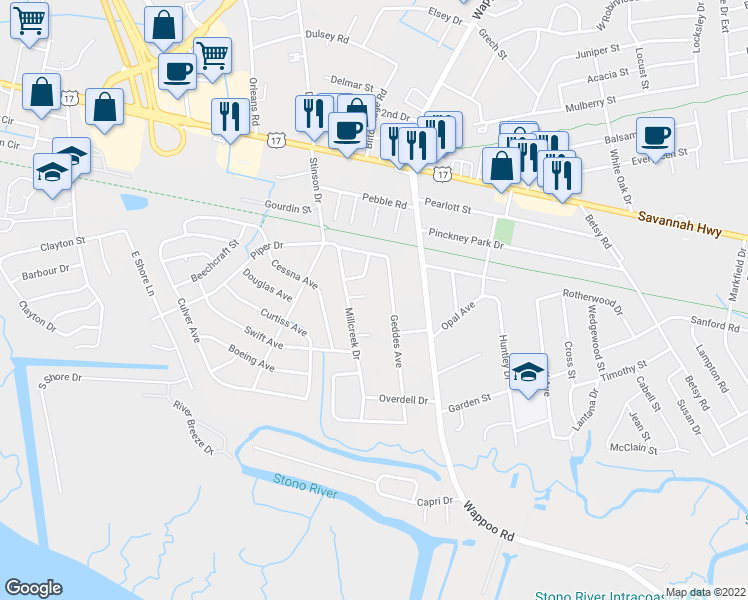 map of restaurants, bars, coffee shops, grocery stores, and more near 439 Geddes Avenue in Charleston