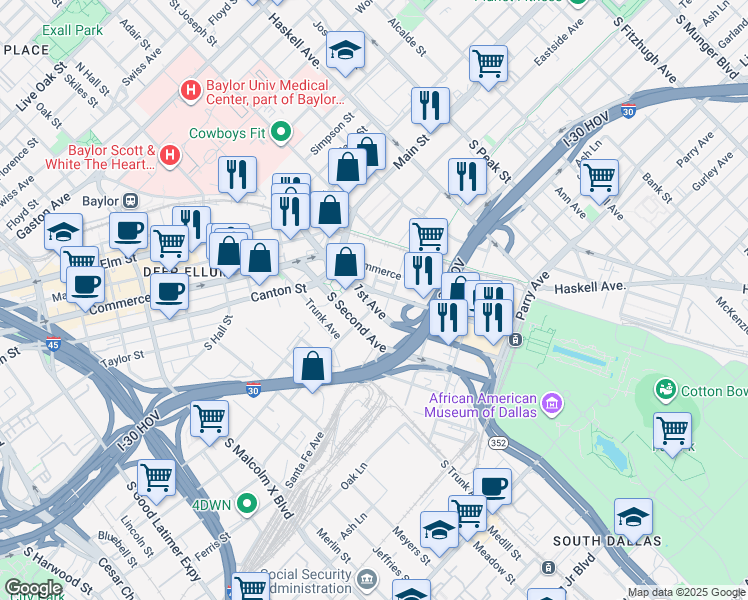 map of restaurants, bars, coffee shops, grocery stores, and more near in Dallas