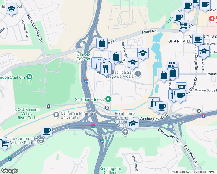 map of restaurants, bars, coffee shops, grocery stores, and more near 6006 Rancho Mission Road in San Diego