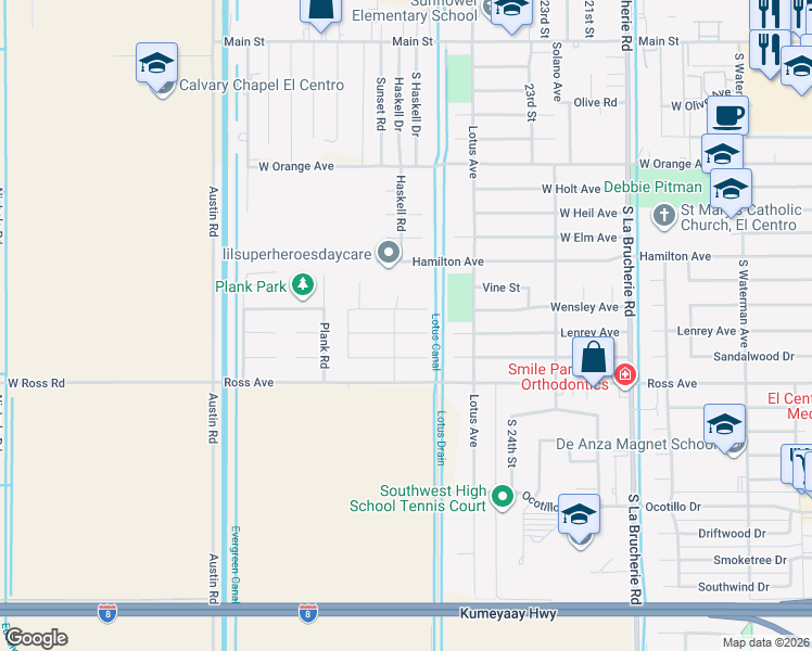 map of restaurants, bars, coffee shops, grocery stores, and more near 2630 Lenrey Avenue in El Centro