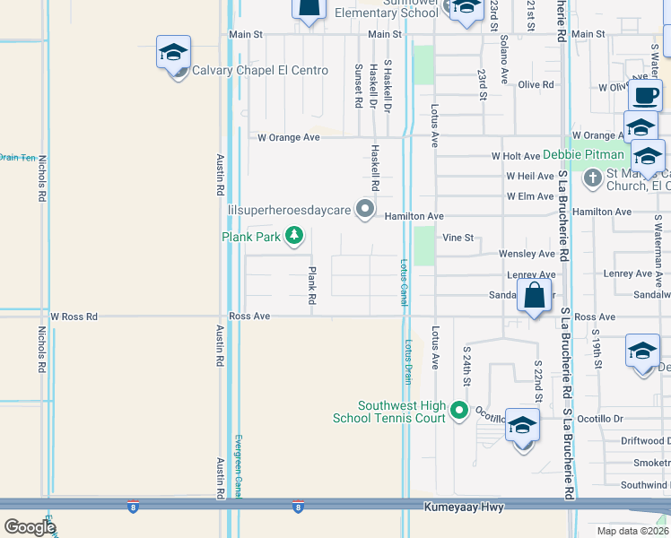 map of restaurants, bars, coffee shops, grocery stores, and more near 2760 Lenrey Avenue in El Centro