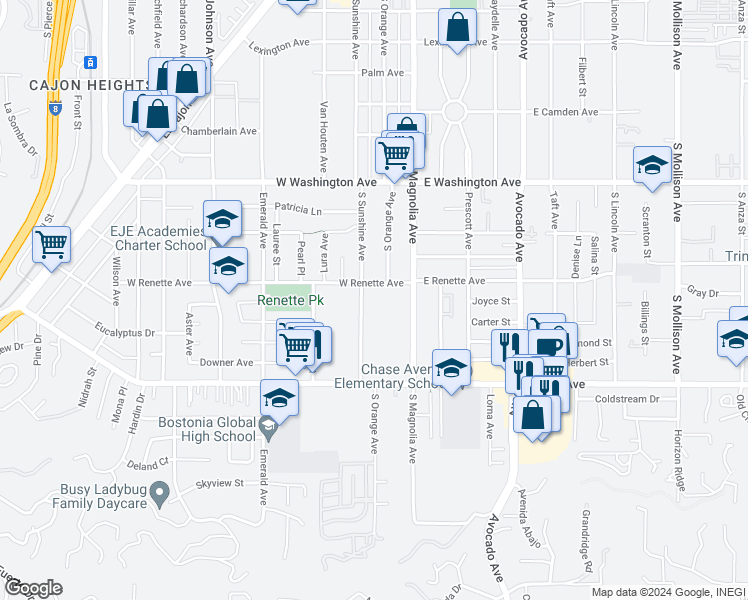 map of restaurants, bars, coffee shops, grocery stores, and more near 187 West Renette Avenue in El Cajon